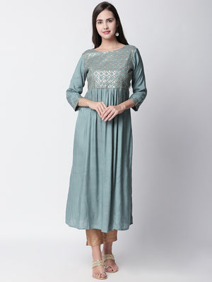 Ethnicity Gathered Seafoam Blue Diamond detailed Embroidered Long Tunic Dress