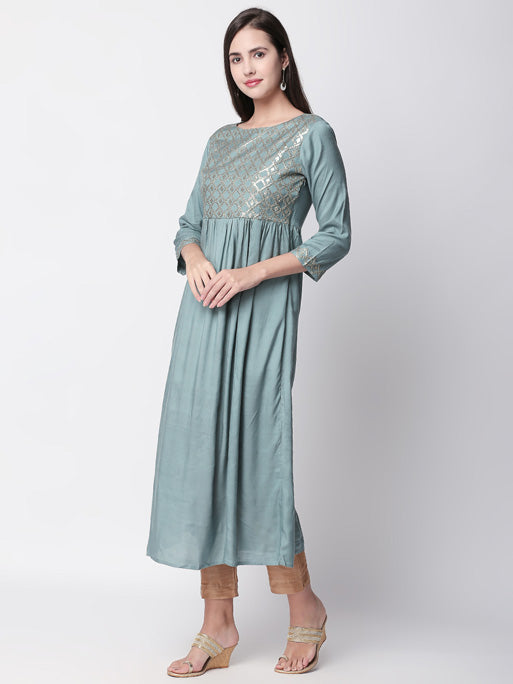 Ethnicity Gathered Seafoam Blue Diamond detailed Embroidered Long Tunic Dress