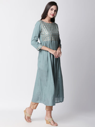 Ethnicity Gathered Seafoam Blue Diamond detailed Embroidered Long Tunic Dress