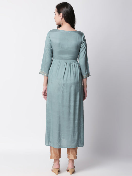 Ethnicity Gathered Seafoam Blue Diamond detailed Embroidered Long Tunic Dress