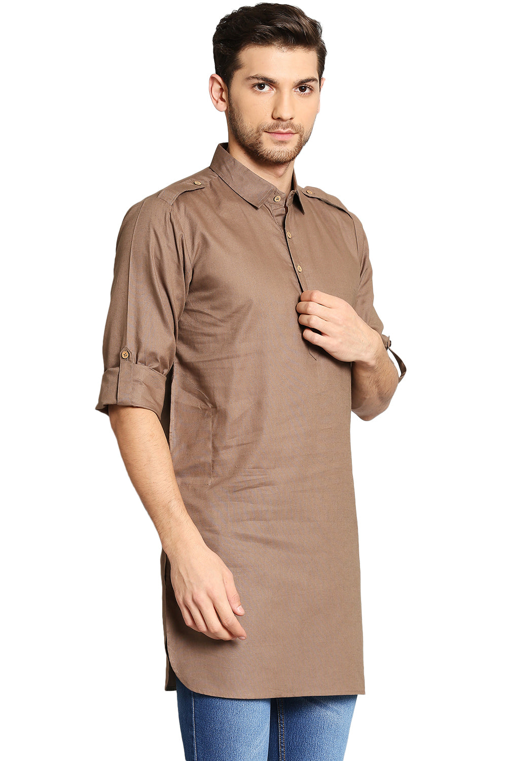 In-Sattva Men's Pullover Pathani Rollup Sleeve Kurta Tunic with Shoulder Strap Camel Brown