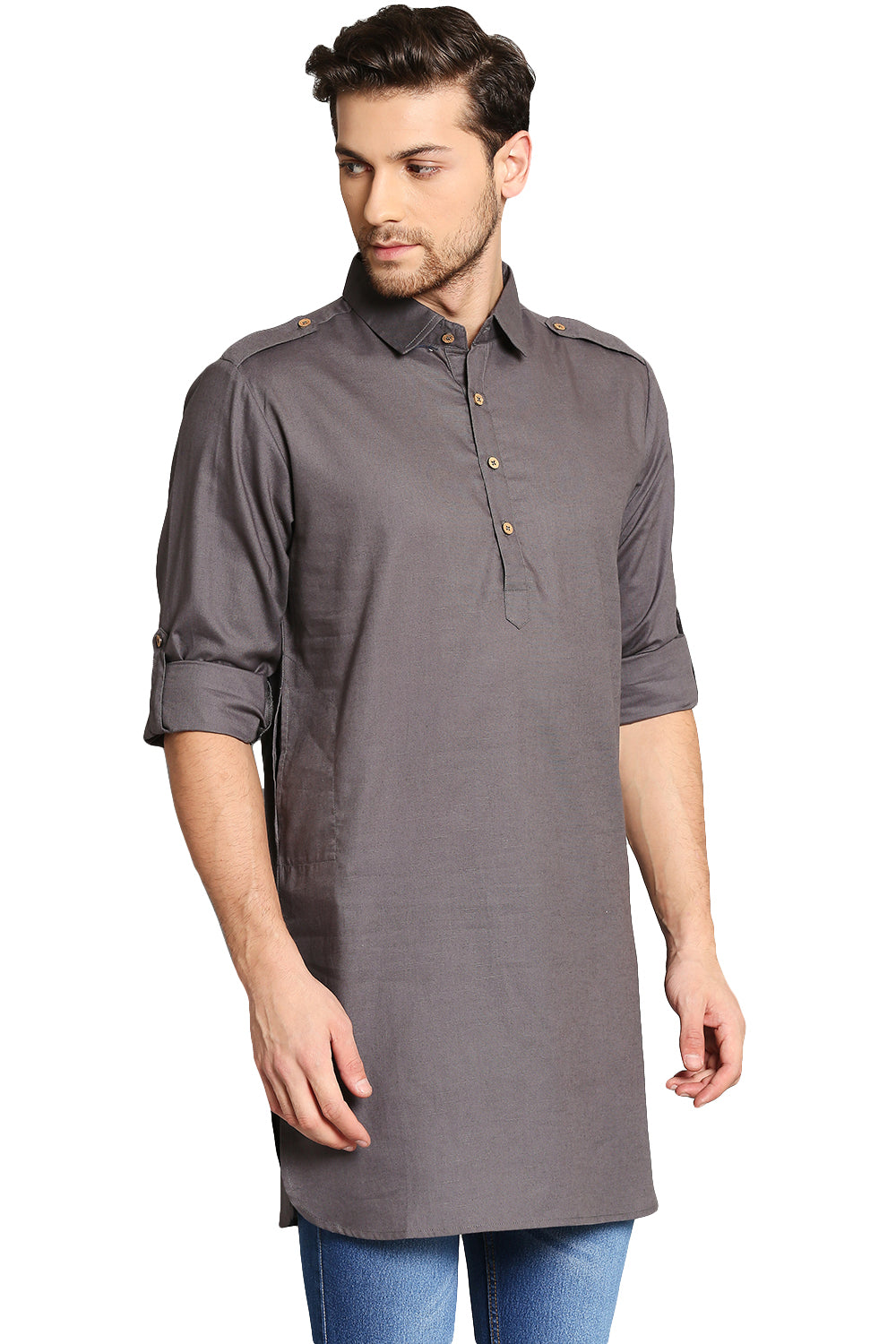 In-Sattva Men's Pullover Pathani Rollup Sleeve Kurta Tunic with Shoulder Strap Grey