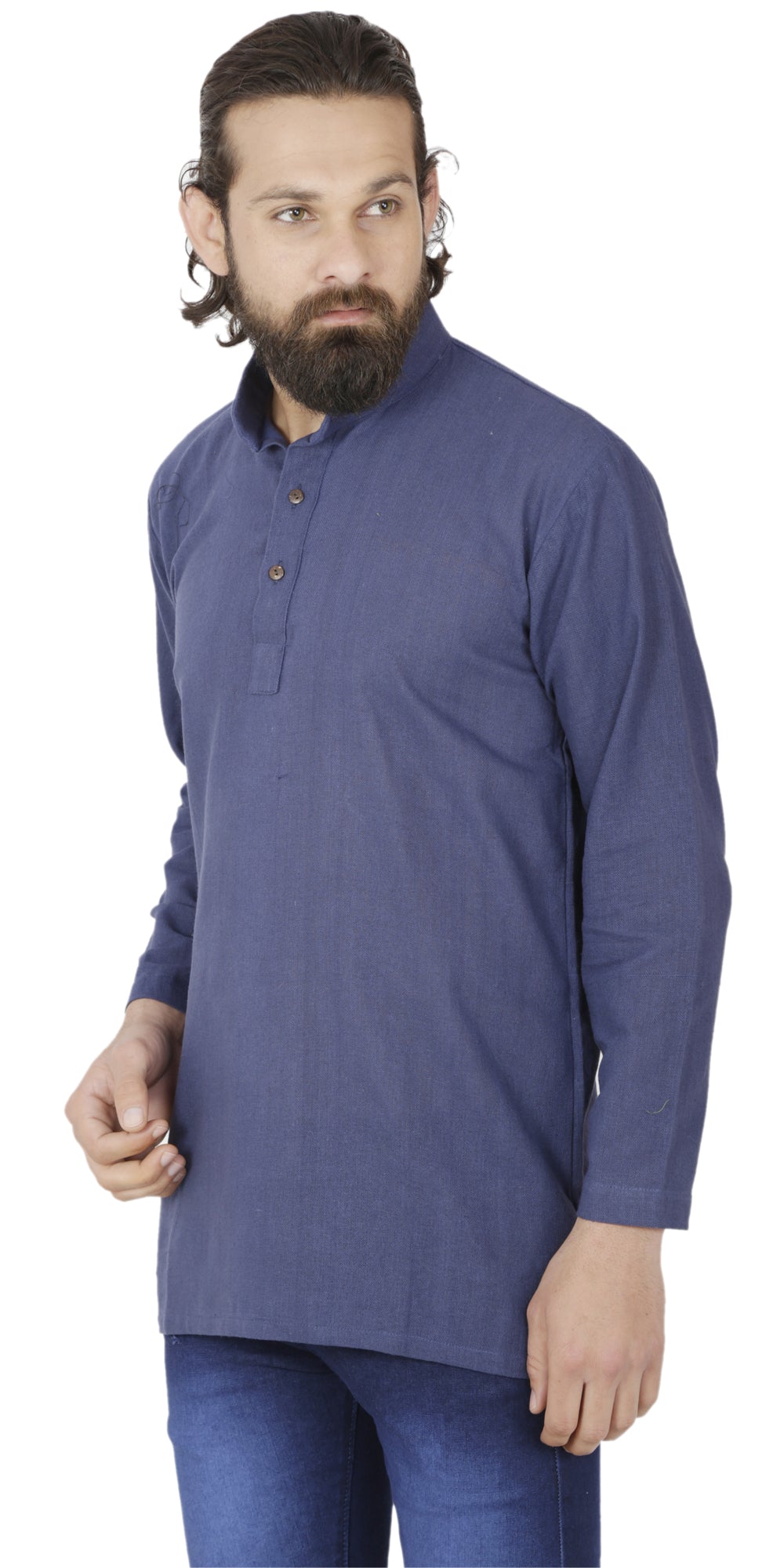 Men's  Indian Traditional Khadi cotton Kurta Tunic: Blue | Side view | In-Sattva