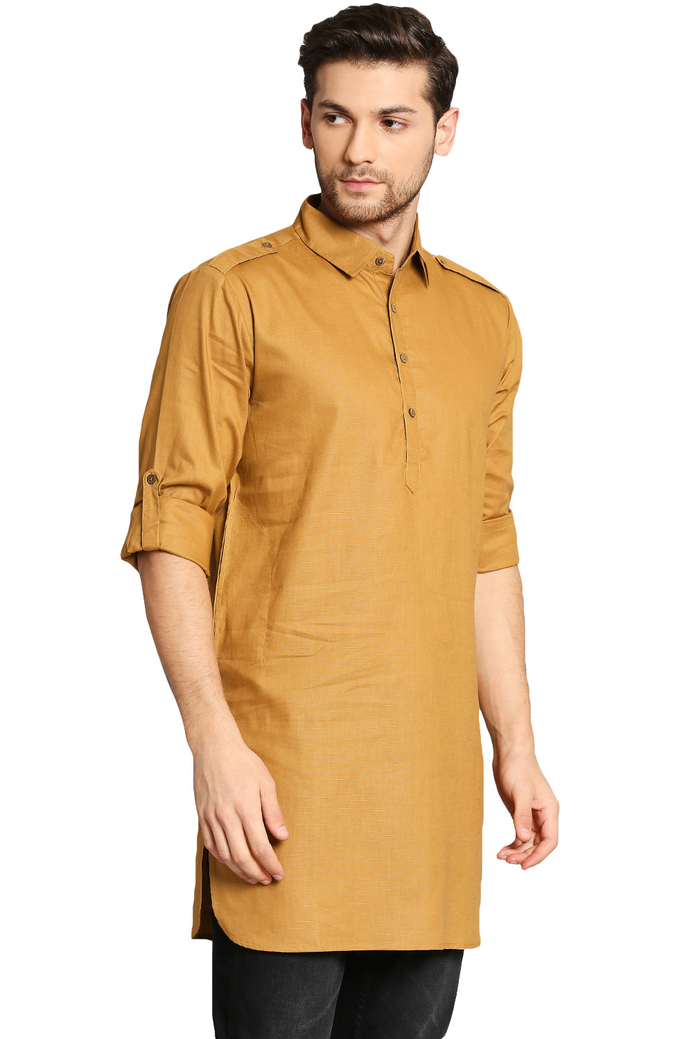 In-Sattva Men's Pullover Pathani Rollup Sleeve Kurta Tunic with Shoulder Strap Mustard
