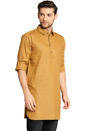 In-Sattva Men's Pullover Pathani Rollup Sleeve Kurta Tunic with Shoulder Strap Mustard