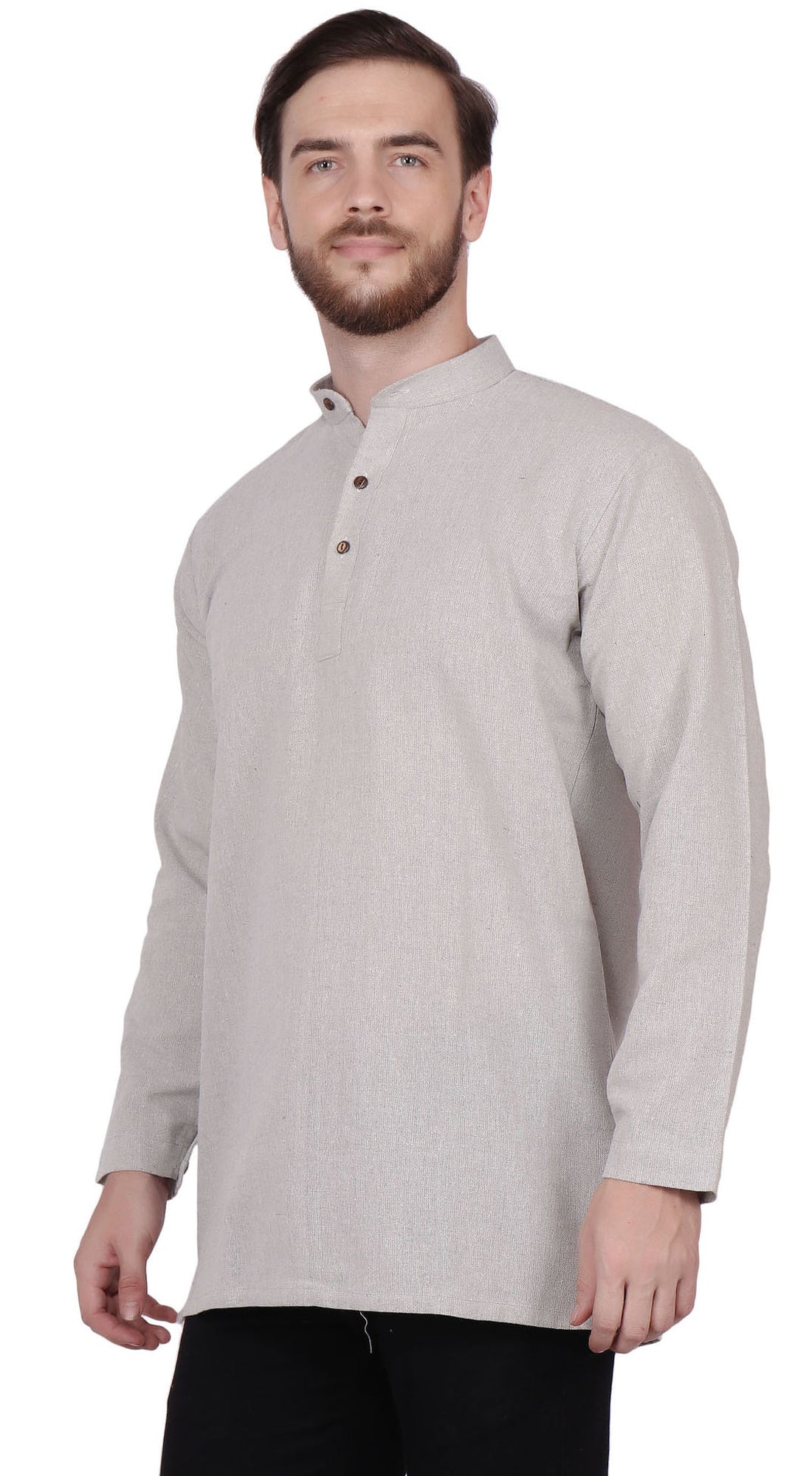 Men's  Indian Traditional Khadi cotton Kurta Tunic: Gray | Side view 2 | In-Sattva