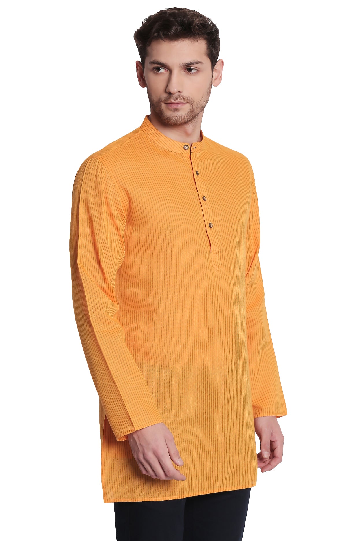 Shatranj Men's Indian Banded Collar Fine Stripe Kurta Tunic
