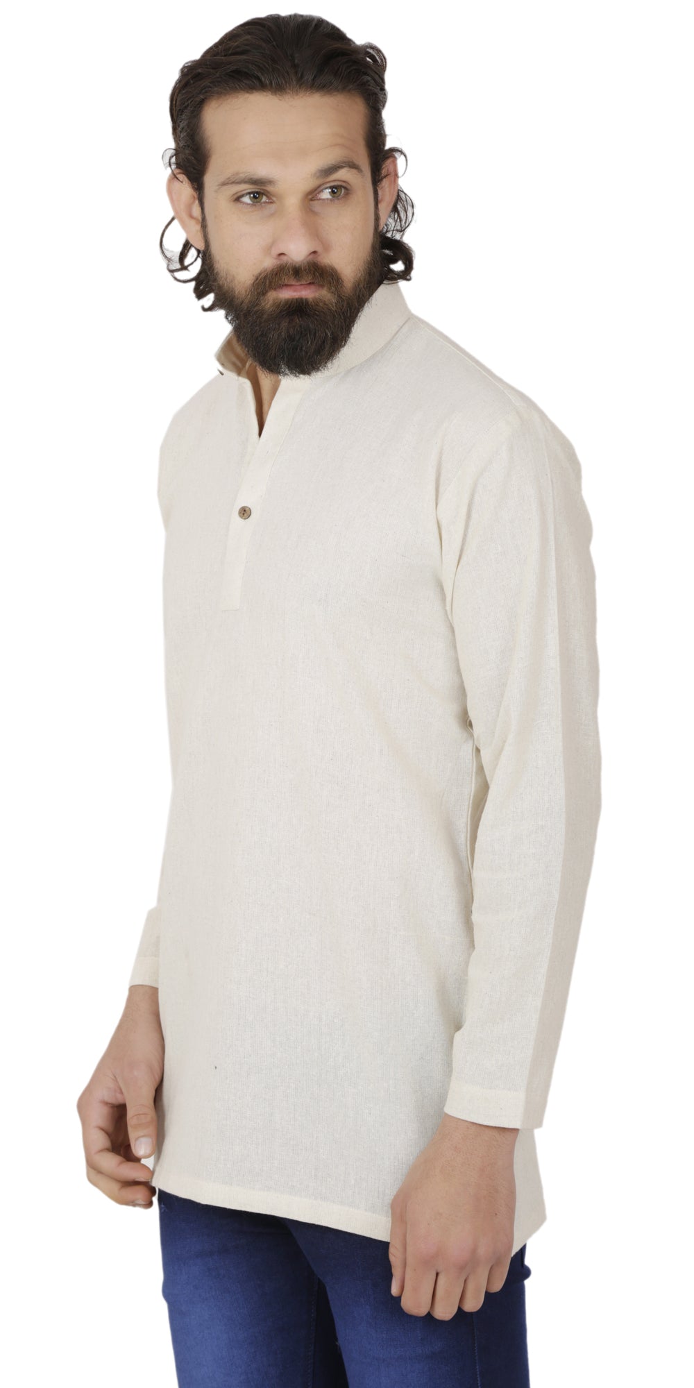 Men's  Indian Traditional Khadi cotton Kurta Tunic: Off-White | Side view 2 | In-Sattva