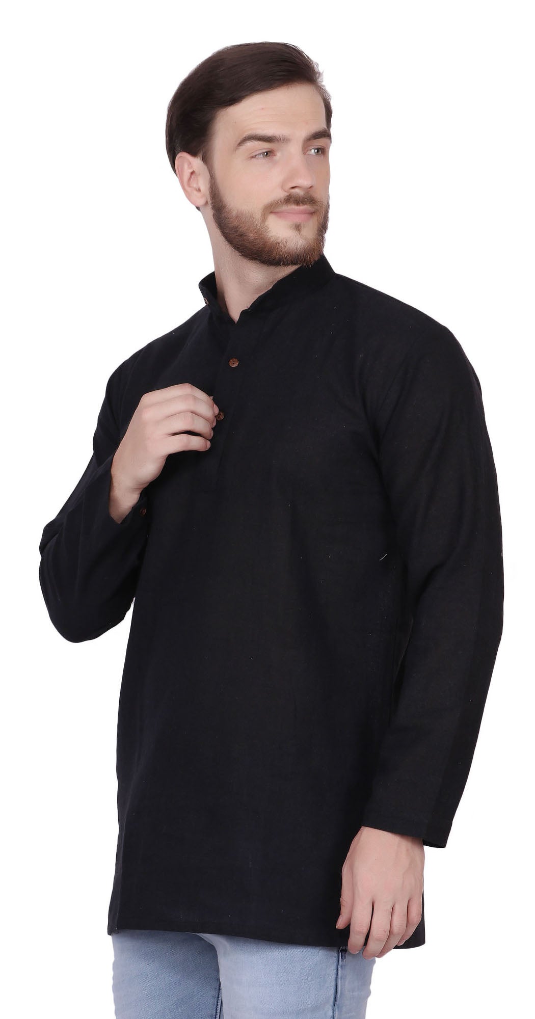 Men's  Indian Traditional Khadi cotton Kurta Tunic: Black | Side view | In-Sattva