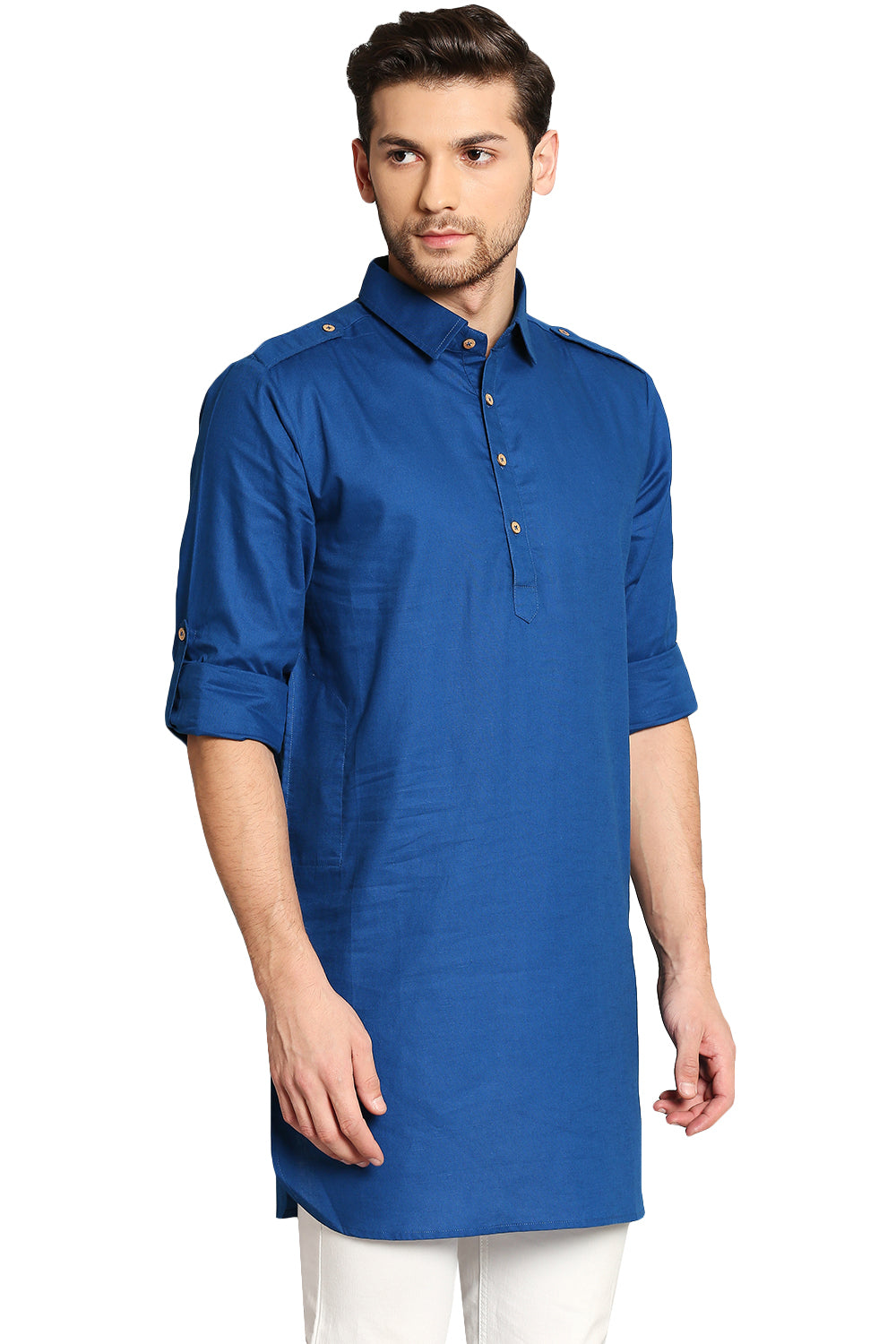 In-Sattva Men's Pullover Pathani Rollup Sleeve Kurta Tunic with Shoulder Strap - Ink Blue
