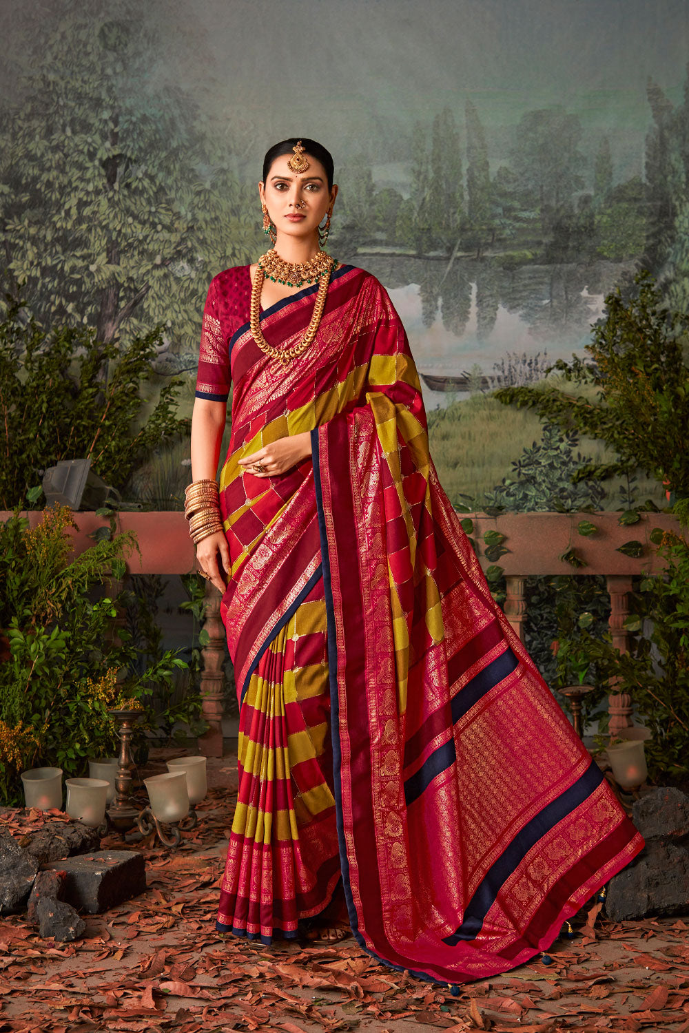 In-Sattva Women's Heritage Pochampally Ikkat Print Tribal Tussar Silk Saree; Ruby Red