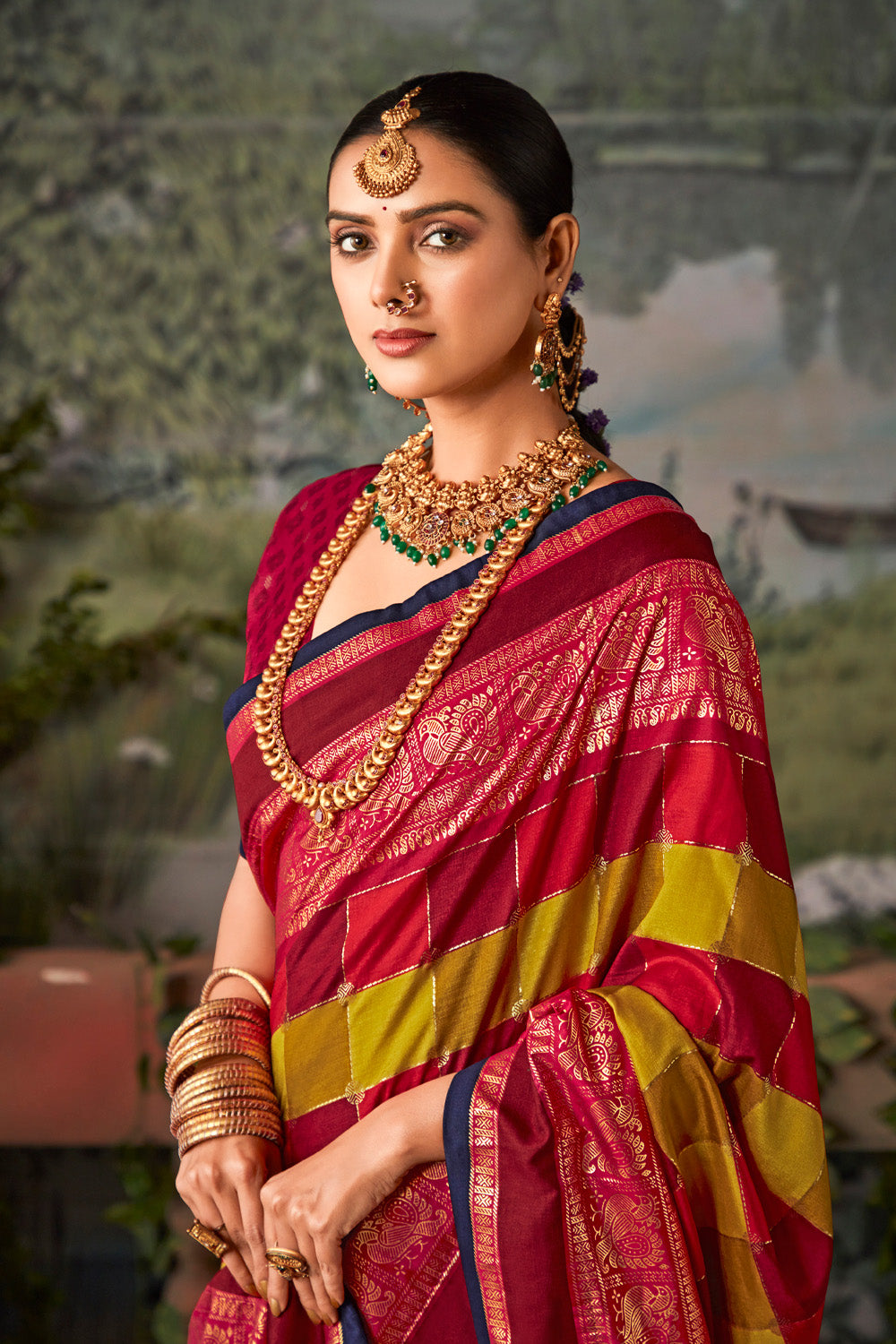 In-Sattva Women's Heritage Pochampally Ikkat Print Tribal Tussar Silk Saree; Ruby Red