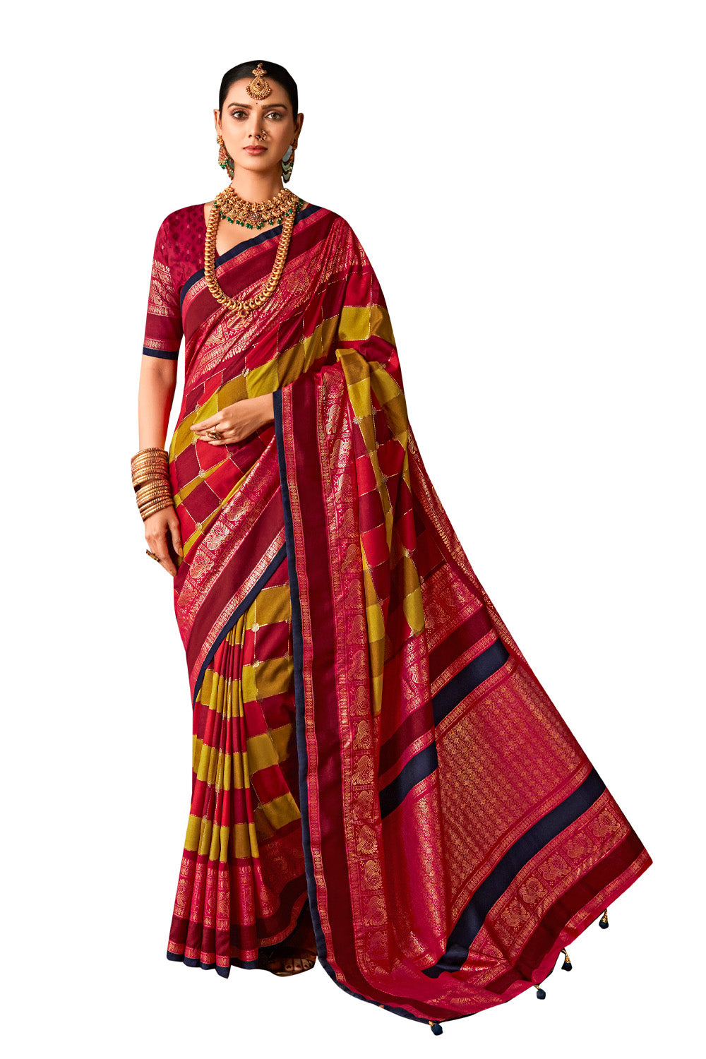 In-Sattva Women's Heritage Pochampally Ikkat Print Tribal Tussar Silk Saree; Ruby Red