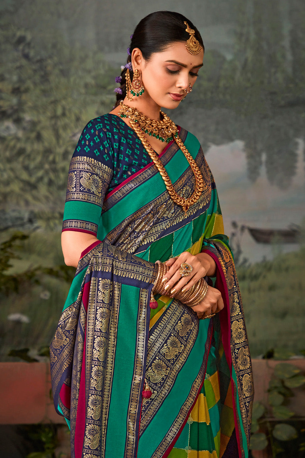 In-Sattva Women's Heritage Pochampally Ikkat Print Tribal Tussar Silk Saree; Sapphire Blue
