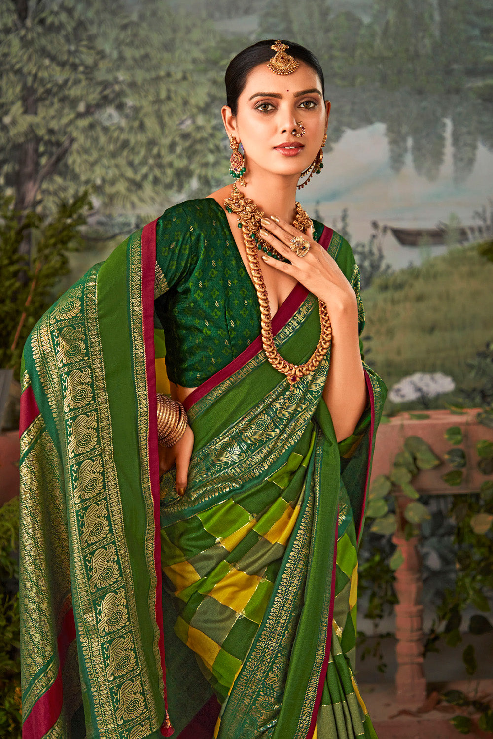 In-Sattva Women's Heritage Pochampally Ikkat Print Tribal Tussar Silk Saree; Emerald Green