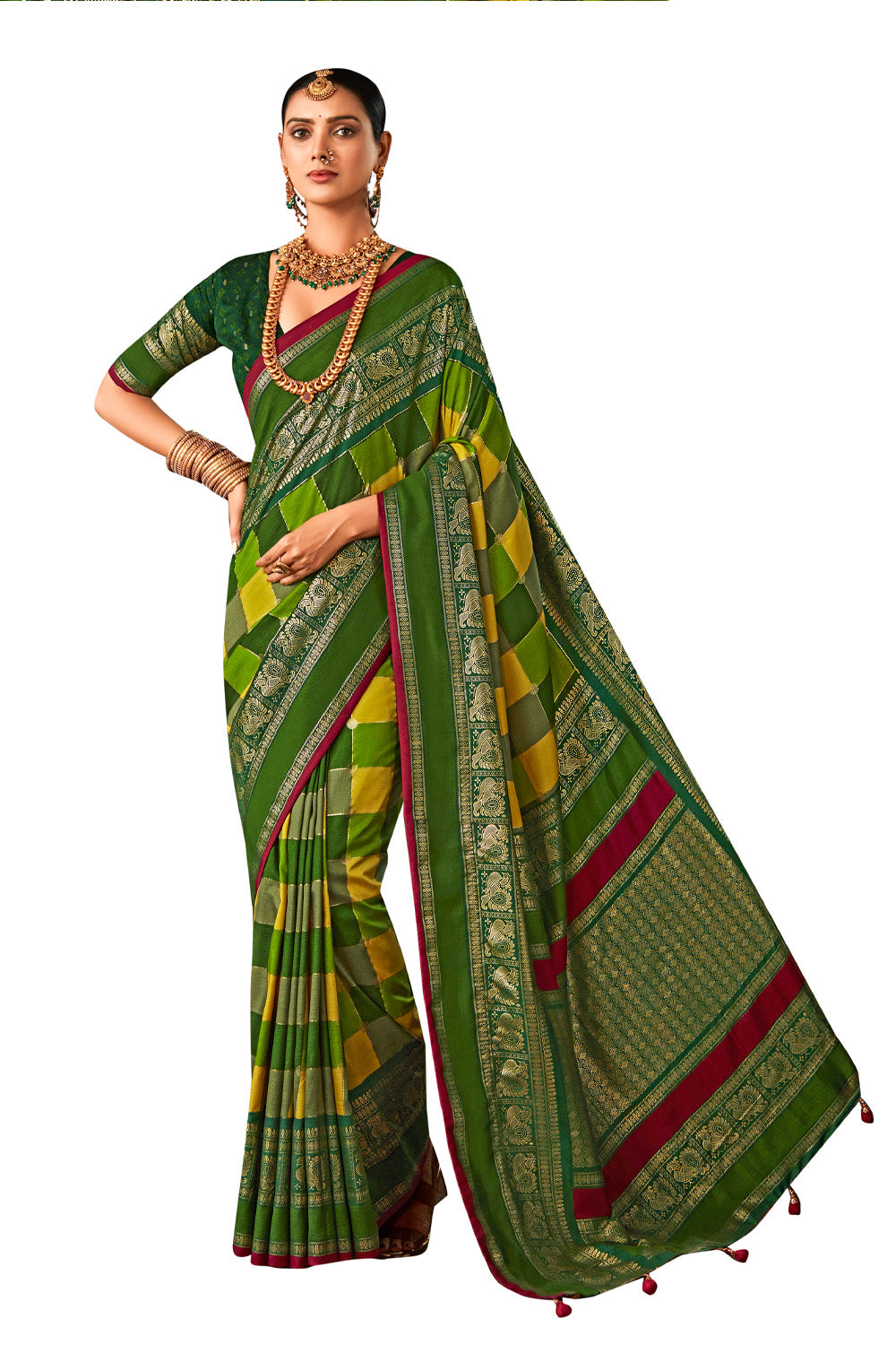 In-Sattva Women's Heritage Pochampally Ikkat Print Tribal Tussar Silk Saree; Emerald Green