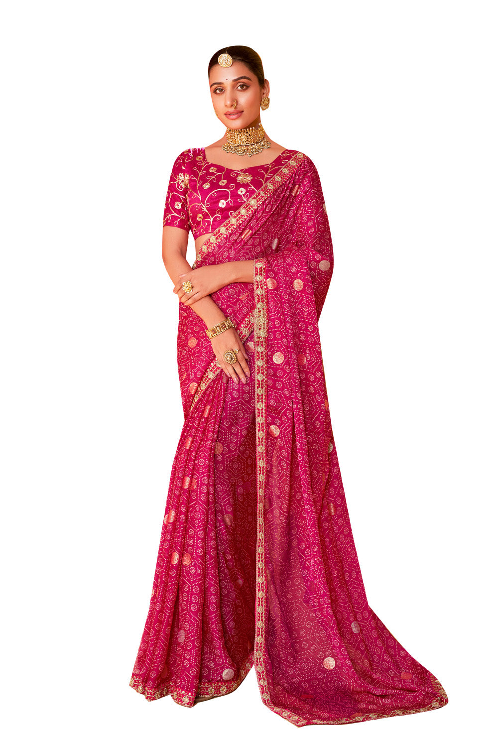 In-Sattva Classic Women's Handloom Tribal Moss Chiffon Saree; Vibrant Red