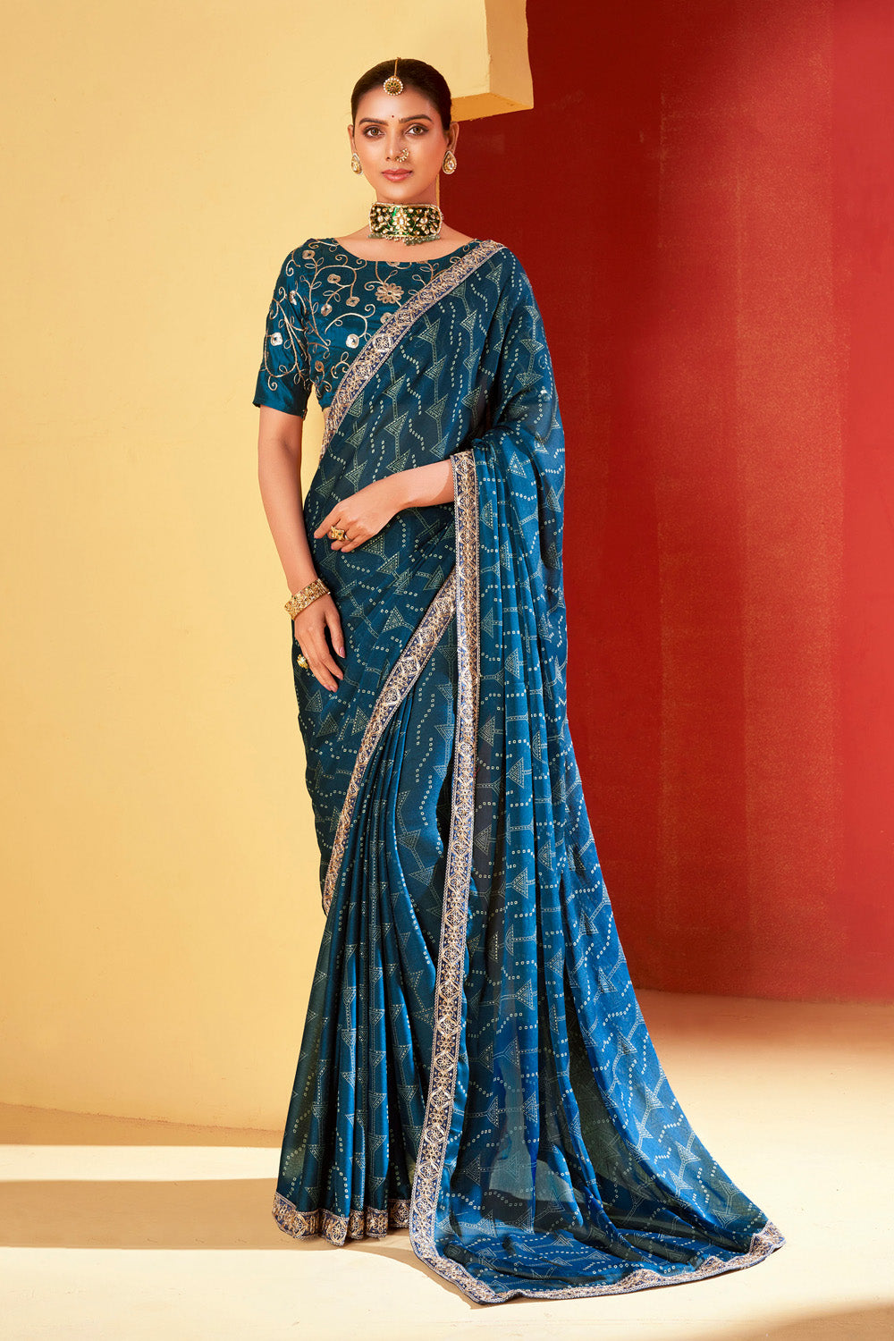 In-Sattva Classic Women's Handloom Tribal Moss Chiffon Saree; Ocean Blue