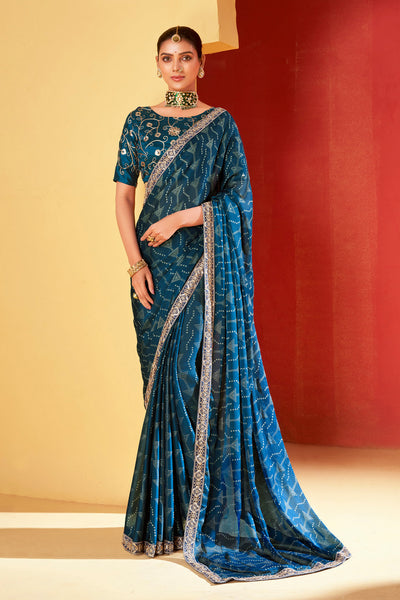In-Sattva Classic Women's Handloom Tribal Moss Chiffon Saree; Ocean Blue