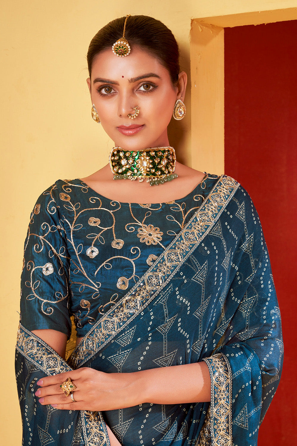 In-Sattva Classic Women's Handloom Tribal Moss Chiffon Saree; Ocean Blue