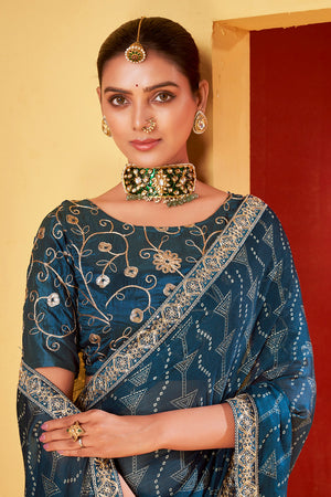In-Sattva Classic Women's Handloom Tribal Moss Chiffon Saree; Ocean Blue