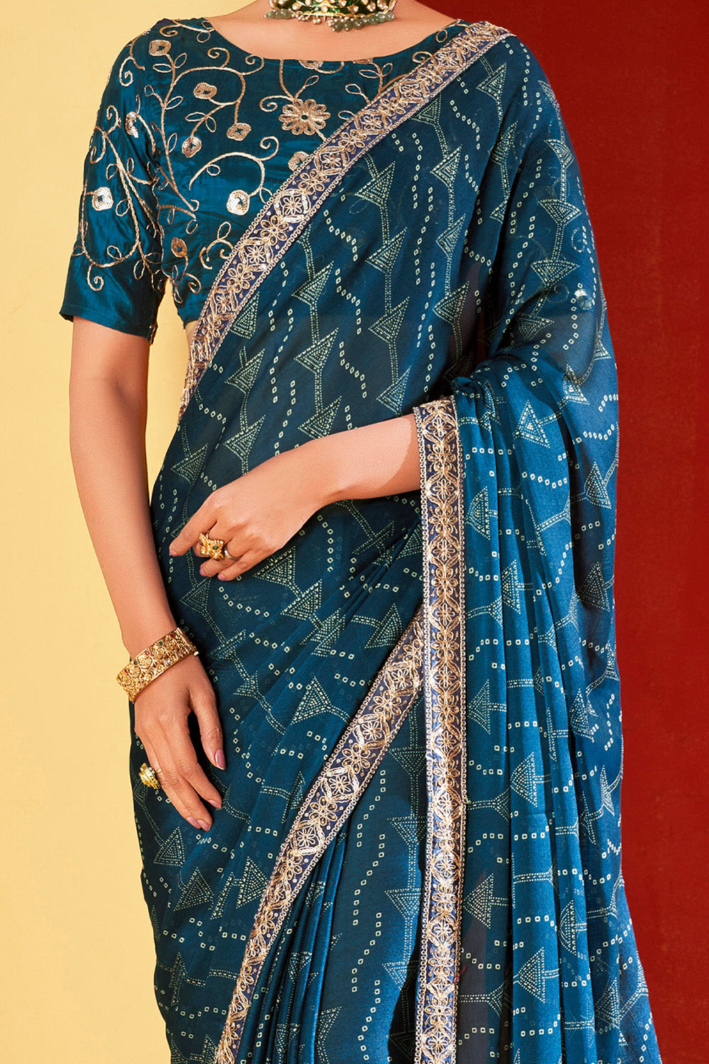 In-Sattva Classic Women's Handloom Tribal Moss Chiffon Saree; Ocean Blue