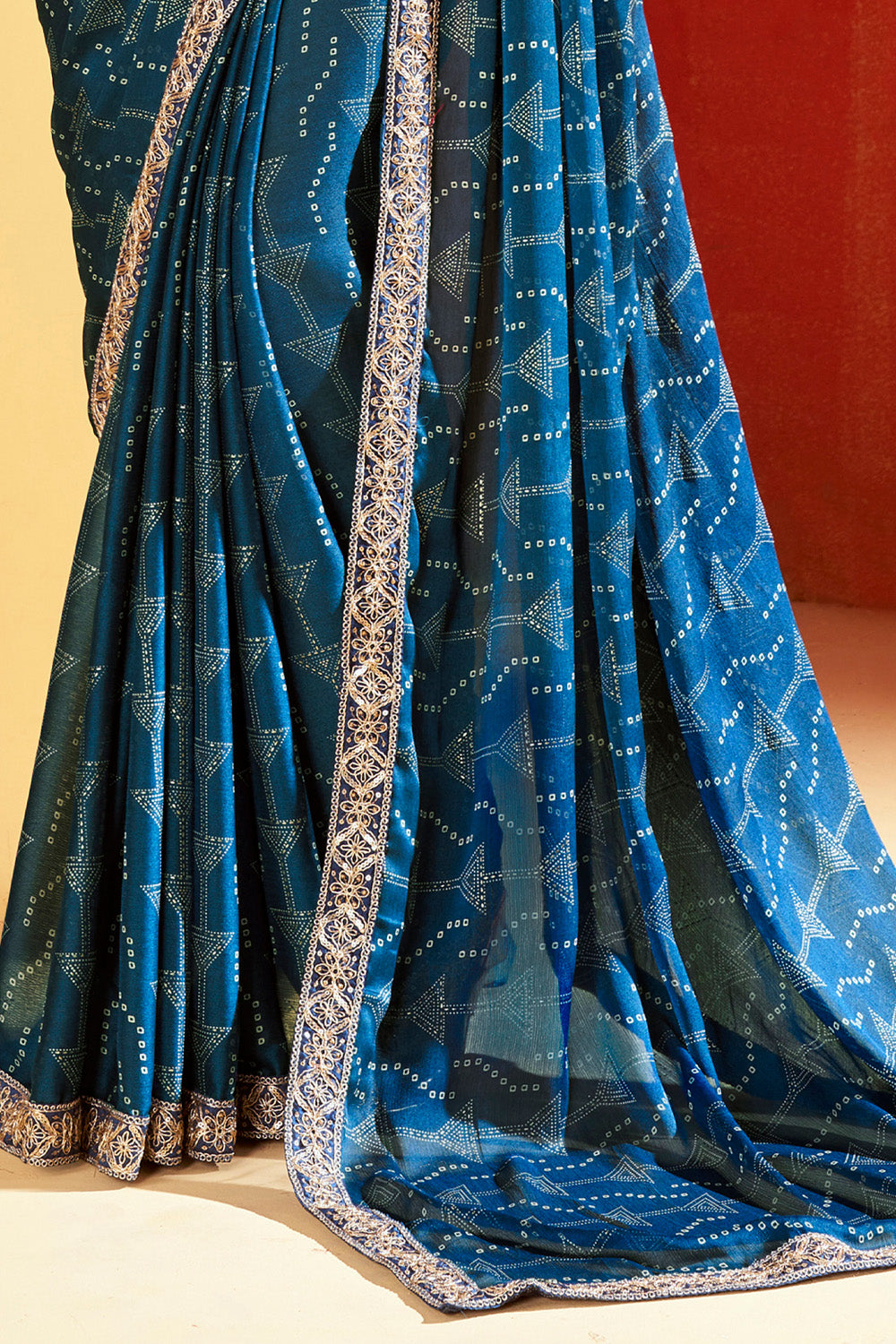 In-Sattva Classic Women's Handloom Tribal Moss Chiffon Saree; Ocean Blue