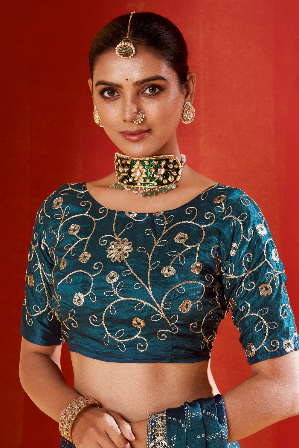 In-Sattva Classic Women's Handloom Tribal Moss Chiffon Saree; Ocean Blue