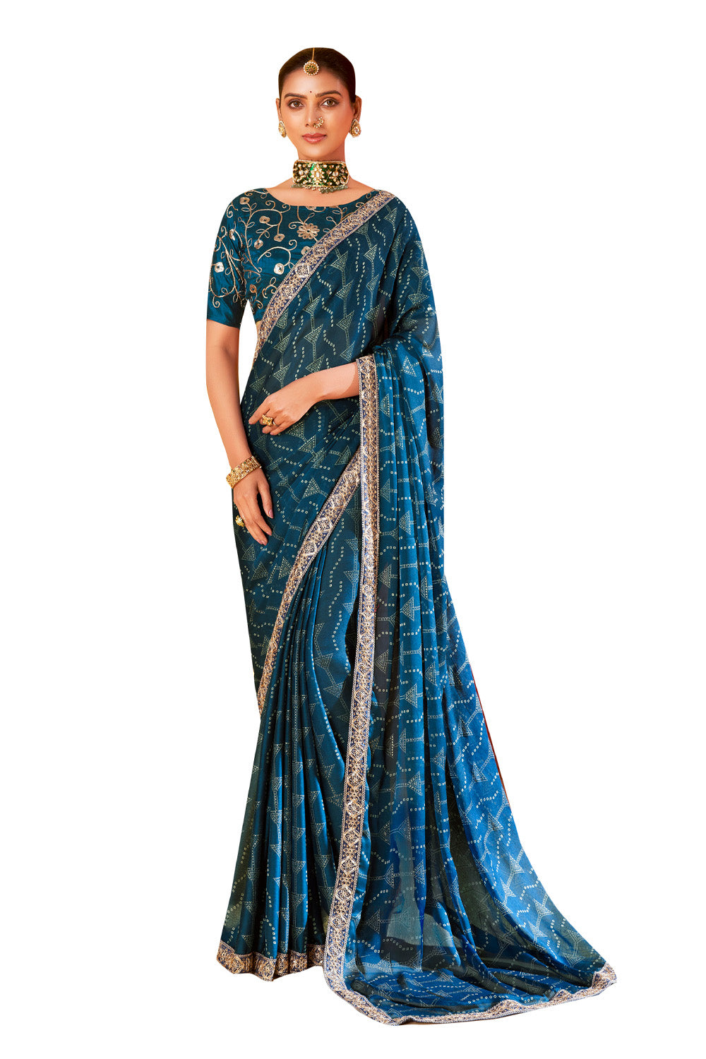 In-Sattva Classic Women's Handloom Tribal Moss Chiffon Saree; Ocean Blue