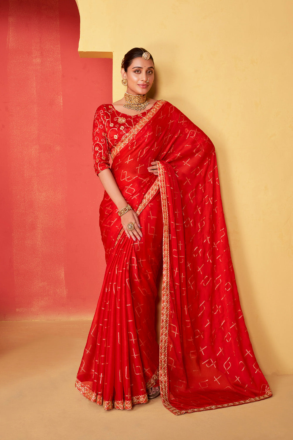 In-Sattva Classic Women's Handloom Tribal Moss Chiffon Saree; Fiery Red