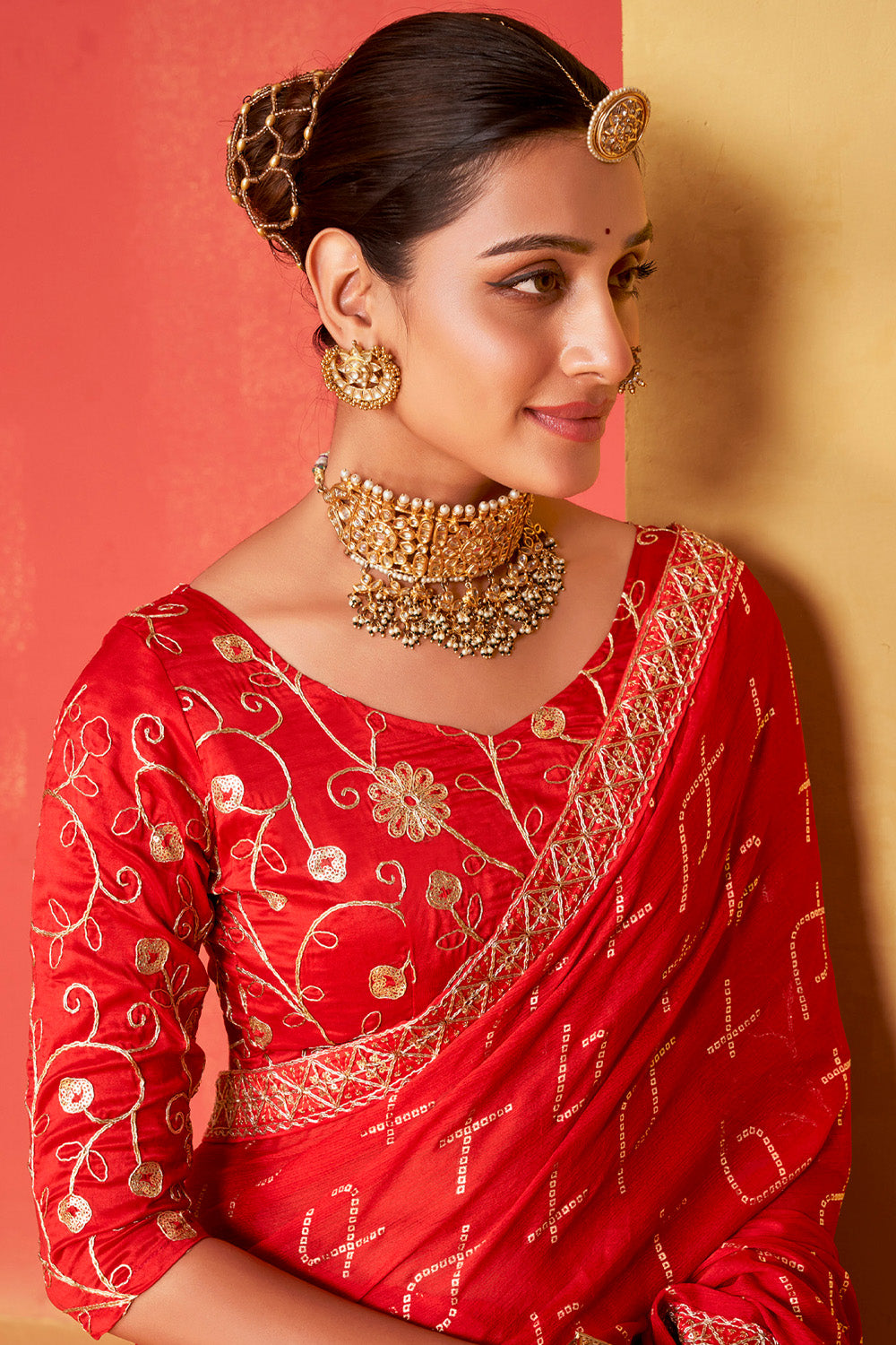 In-Sattva Classic Women's Handloom Tribal Moss Chiffon Saree; Fiery Red