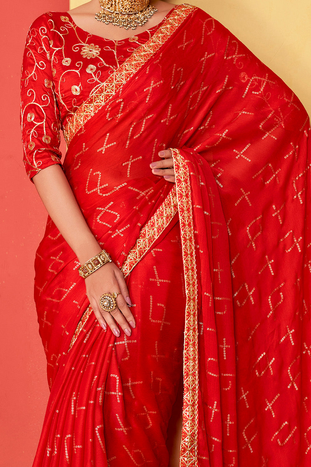 In-Sattva Classic Women's Handloom Tribal Moss Chiffon Saree; Fiery Red