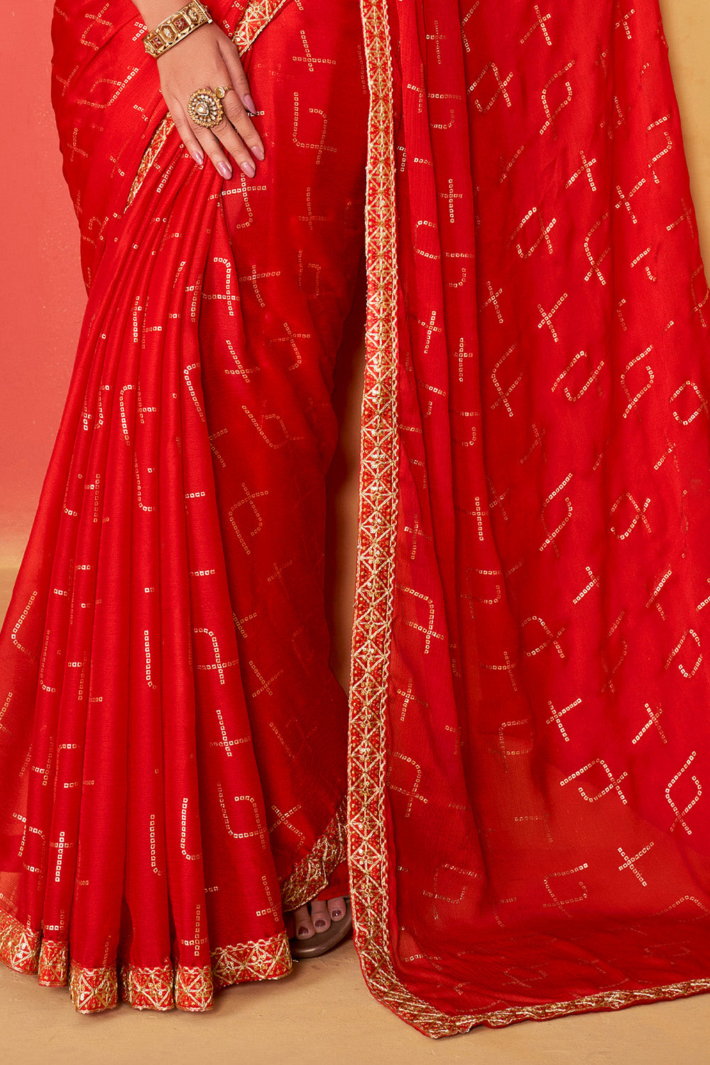 In-Sattva Classic Women's Handloom Tribal Moss Chiffon Saree; Fiery Red
