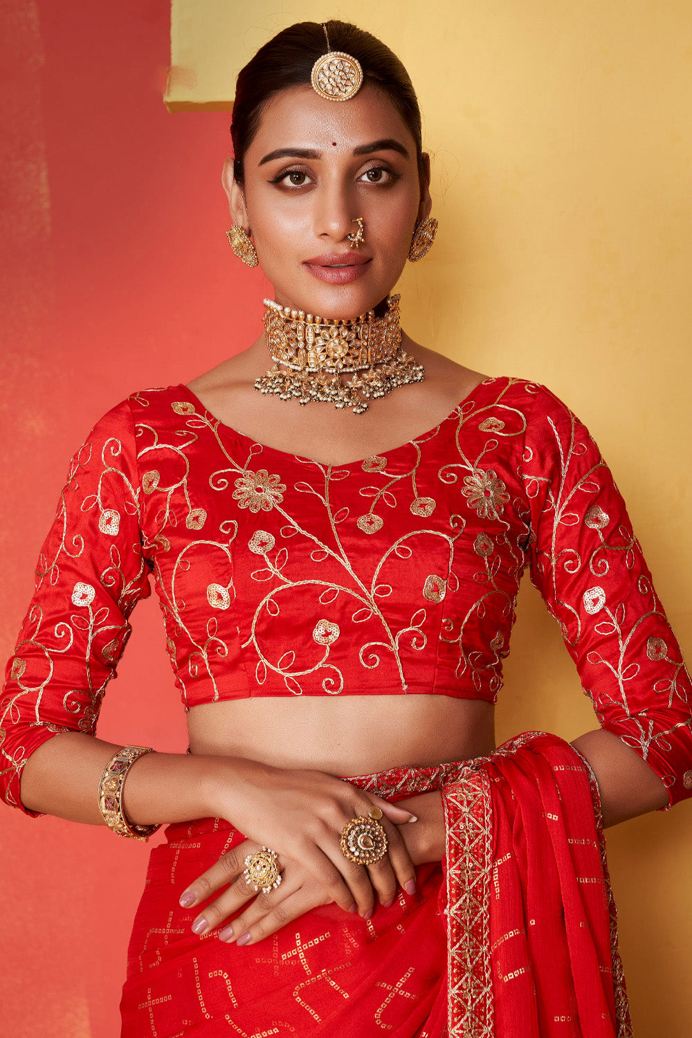 In-Sattva Classic Women's Handloom Tribal Moss Chiffon Saree; Fiery Red