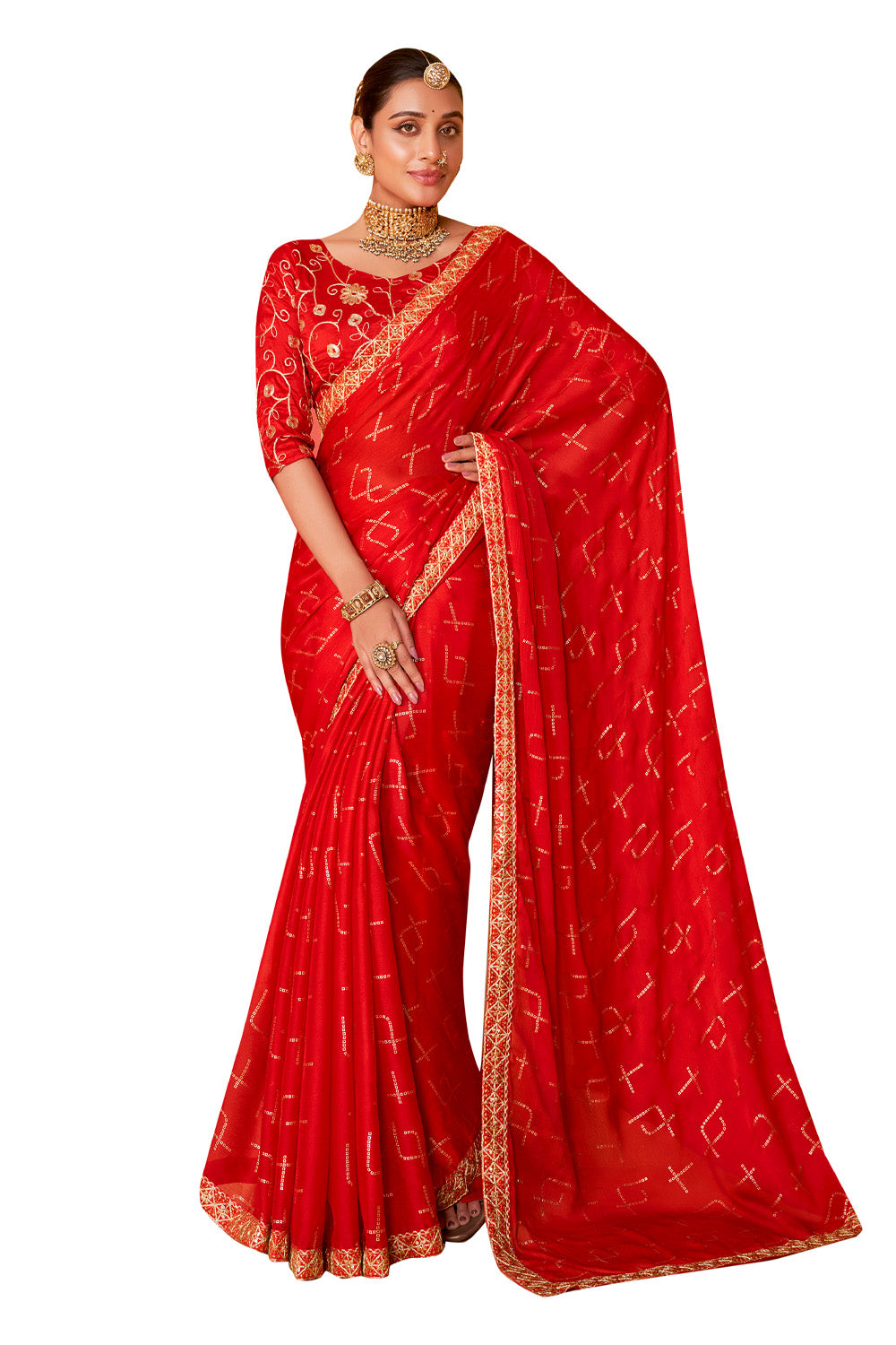 In-Sattva Classic Women's Handloom Tribal Moss Chiffon Saree; Fiery Red