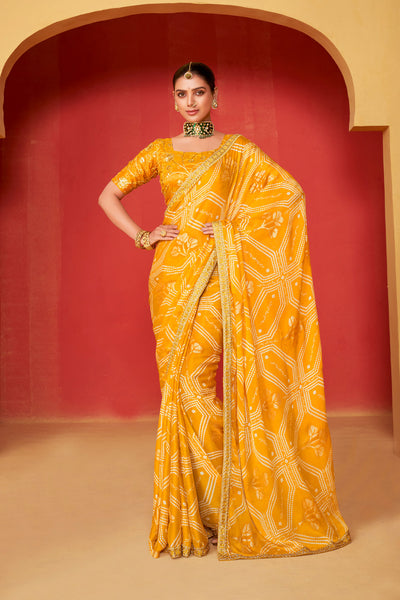 In-Sattva Classic Women's Handloom Tribal Moss Chiffon Saree; Sunglow Gold