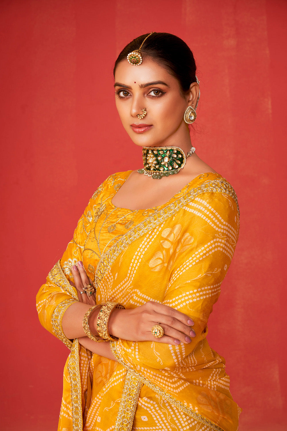 In-Sattva Classic Women's Handloom Tribal Moss Chiffon Saree; Sunglow Gold