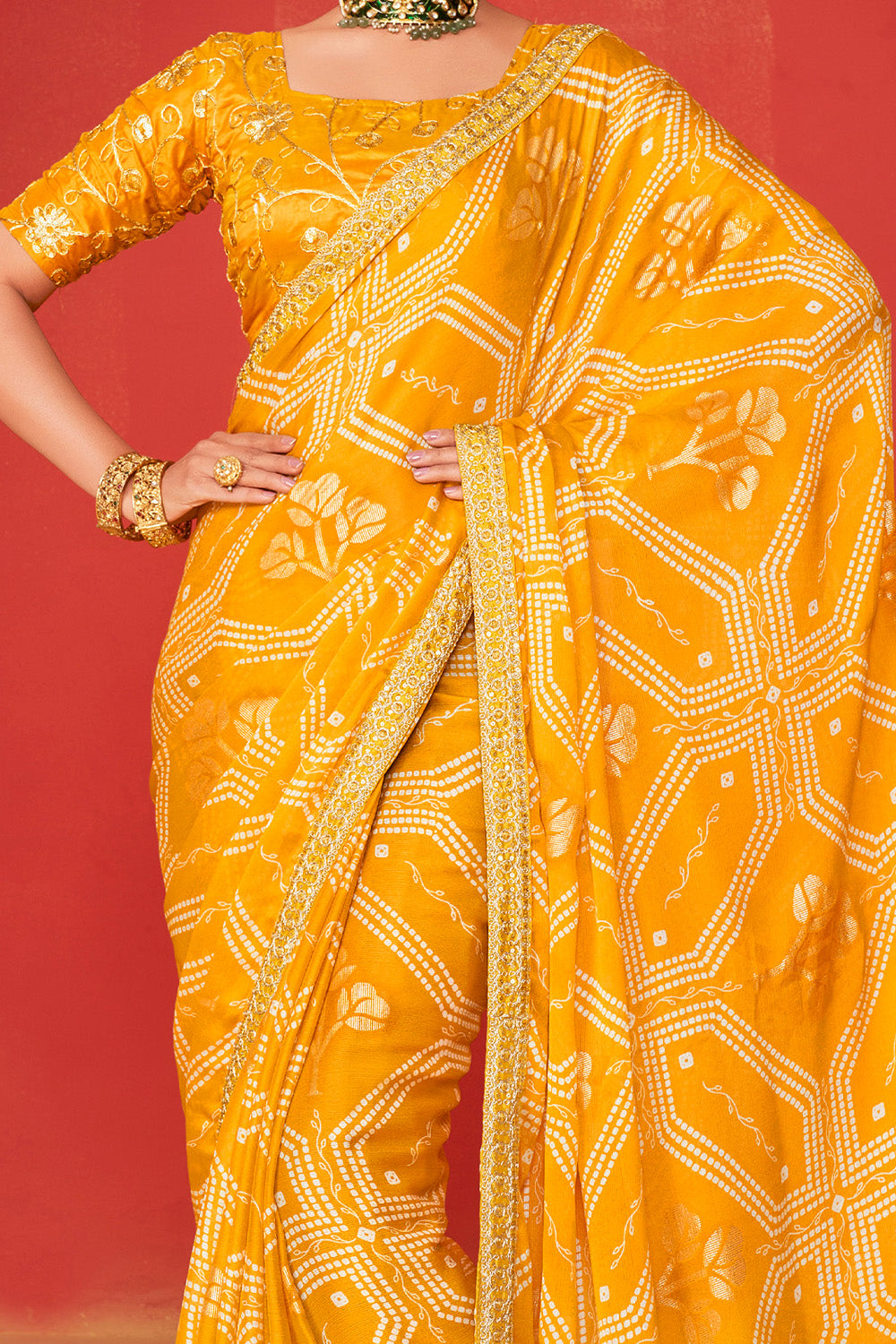 In-Sattva Classic Women's Handloom Tribal Moss Chiffon Saree; Sunglow Gold