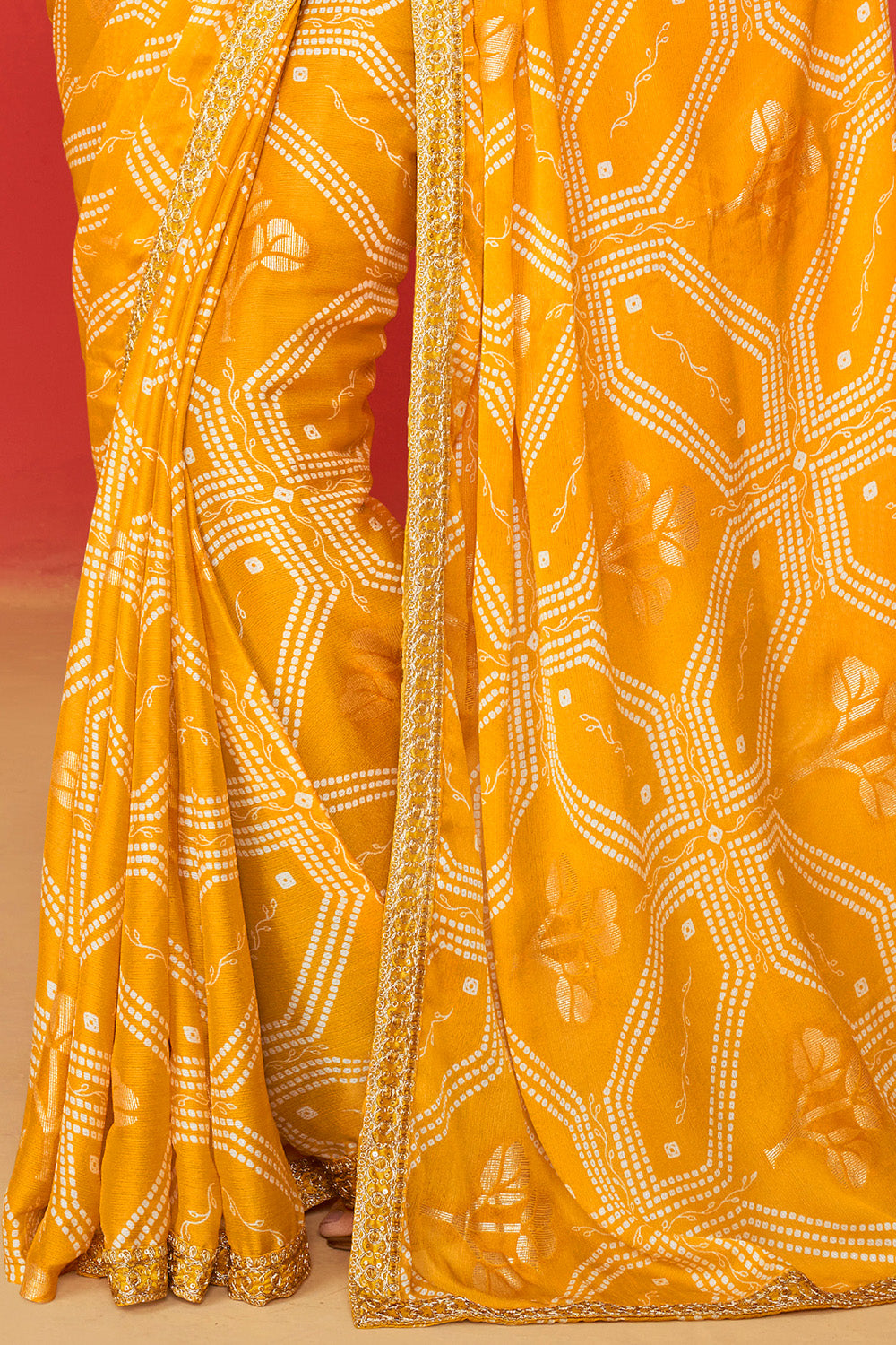 In-Sattva Classic Women's Handloom Tribal Moss Chiffon Saree; Sunglow Gold