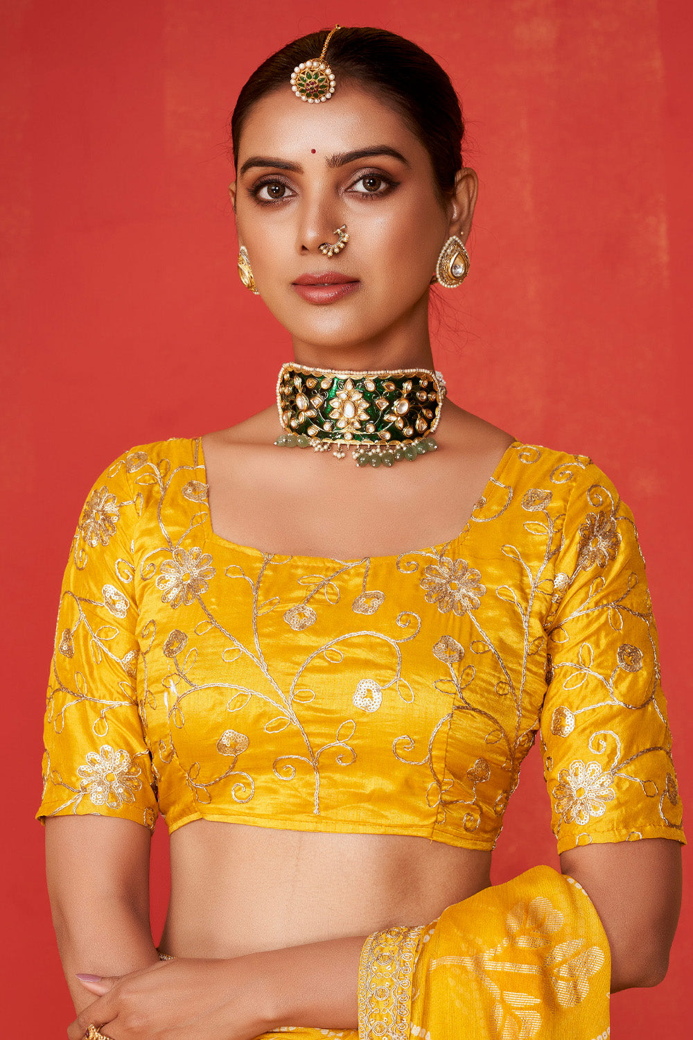 In-Sattva Classic Women's Handloom Tribal Moss Chiffon Saree; Sunglow Gold