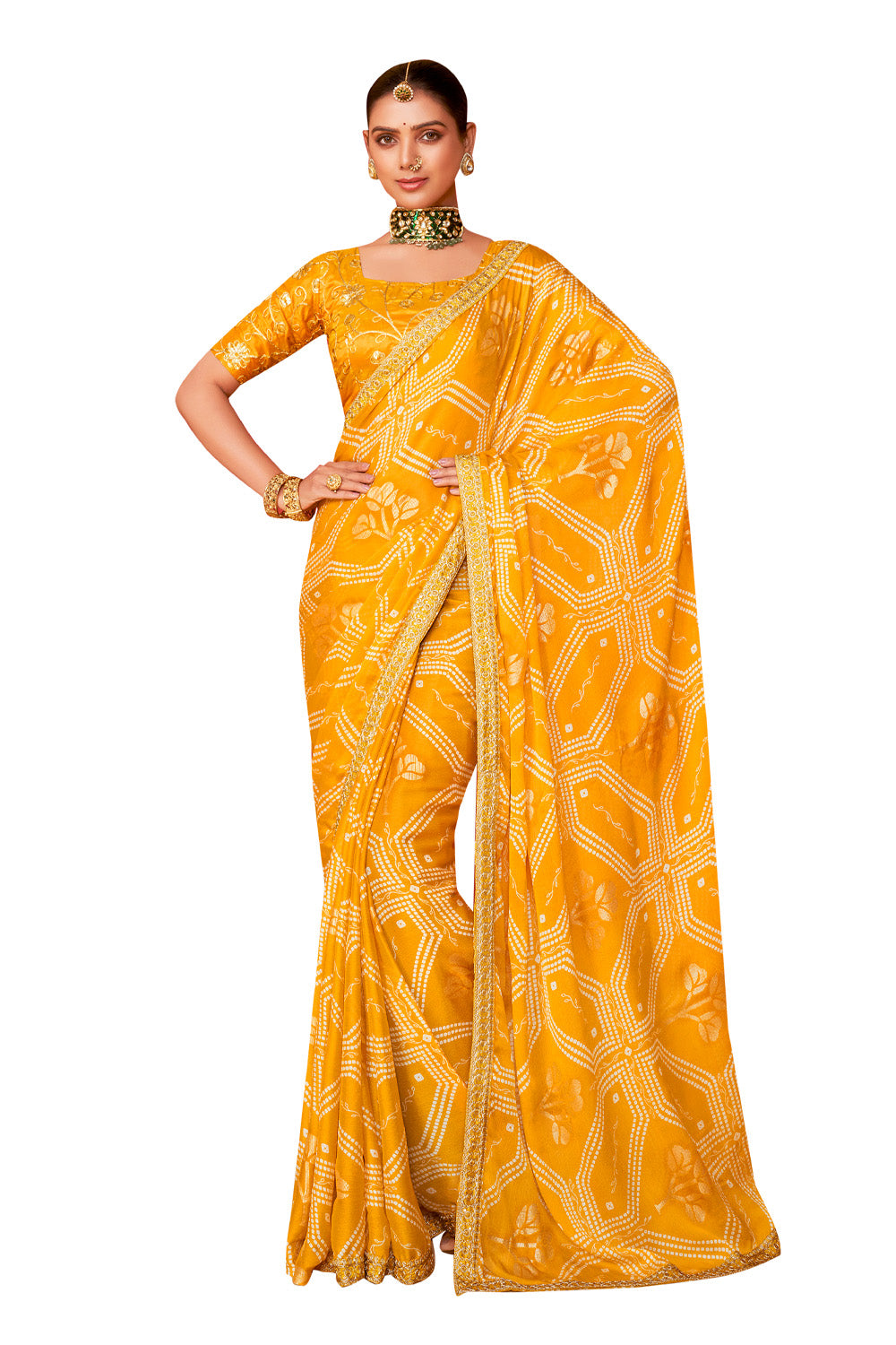 In-Sattva Classic Women's Handloom Tribal Moss Chiffon Saree; Sunglow Gold