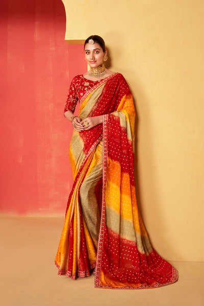 In-Sattva Classic Women's Handloom Tribal Moss Chiffon Saree; Royal Red