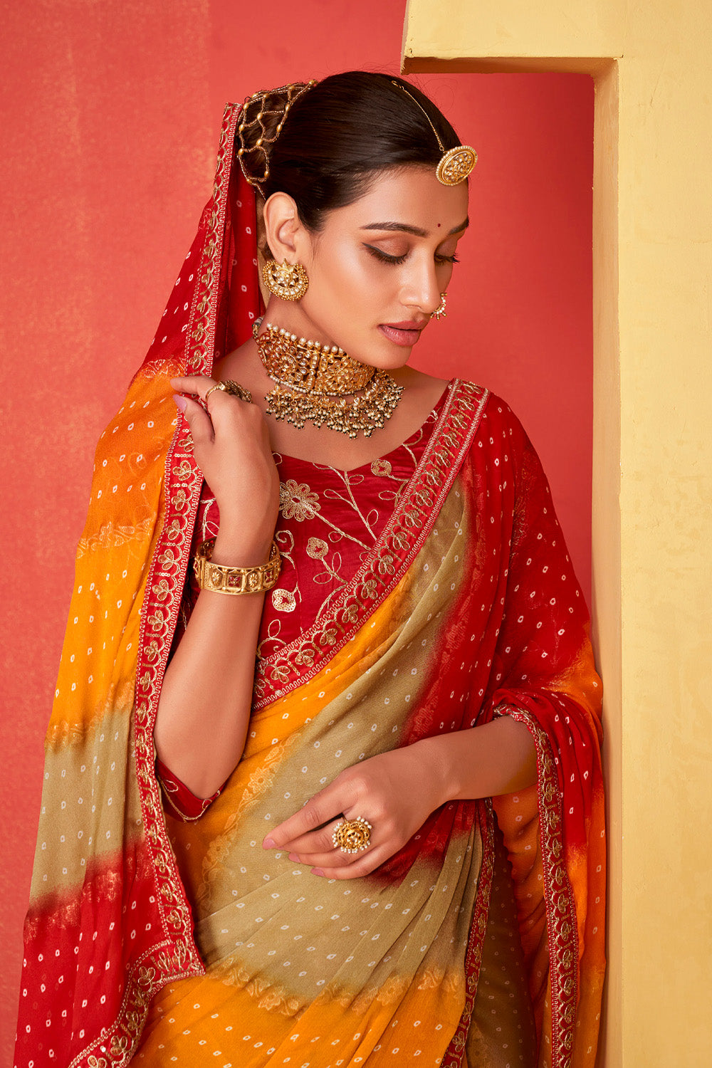 In-Sattva Classic Women's Handloom Tribal Moss Chiffon Saree; Royal Red