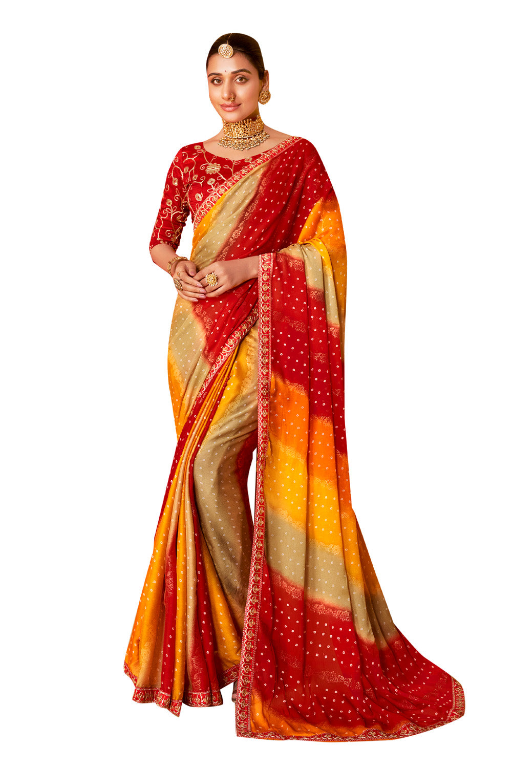 In-Sattva Classic Women's Handloom Tribal Moss Chiffon Saree; Royal Red