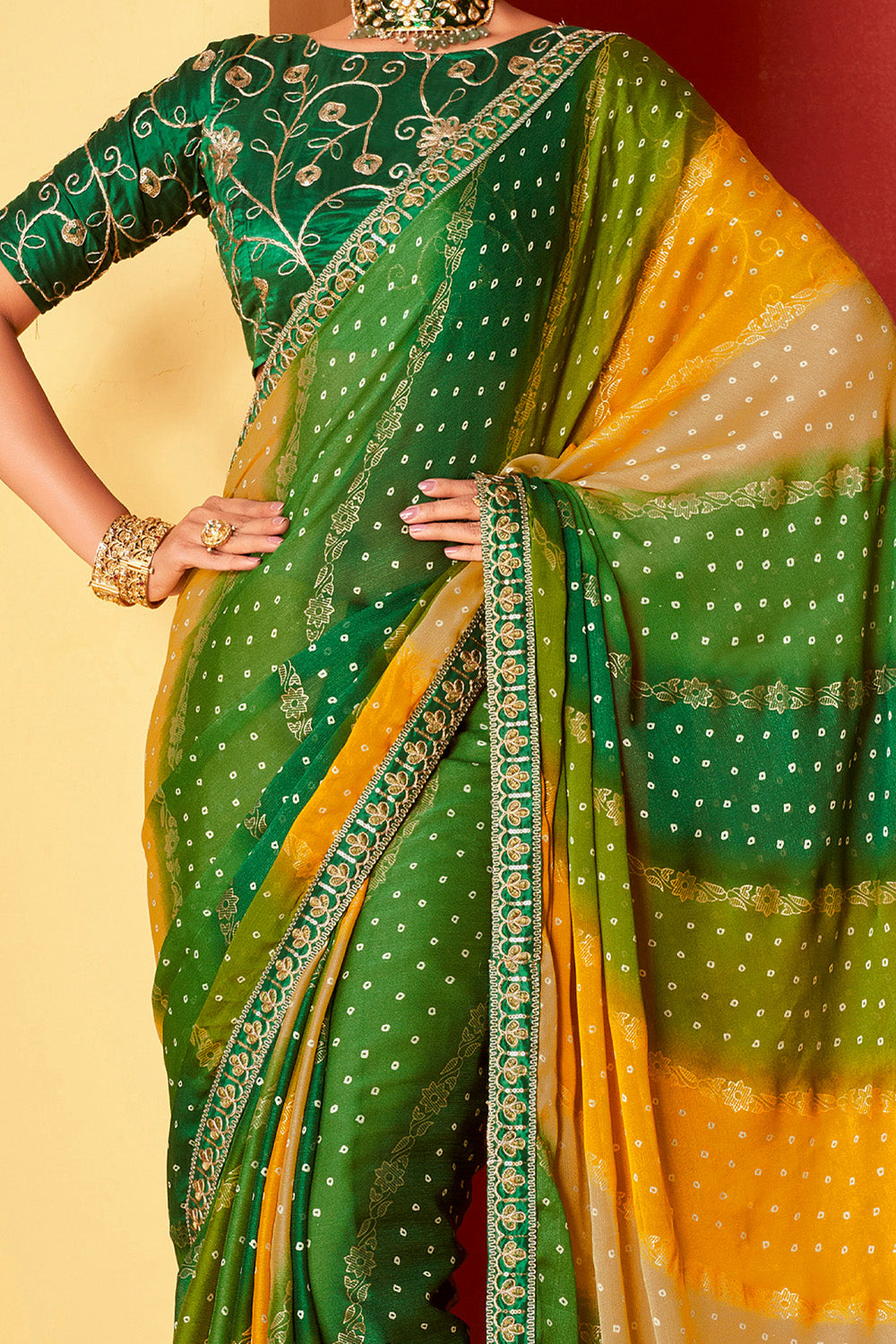 In-Sattva Classic Women's Handloom Tribal Moss Chiffon Saree; Bottle Green