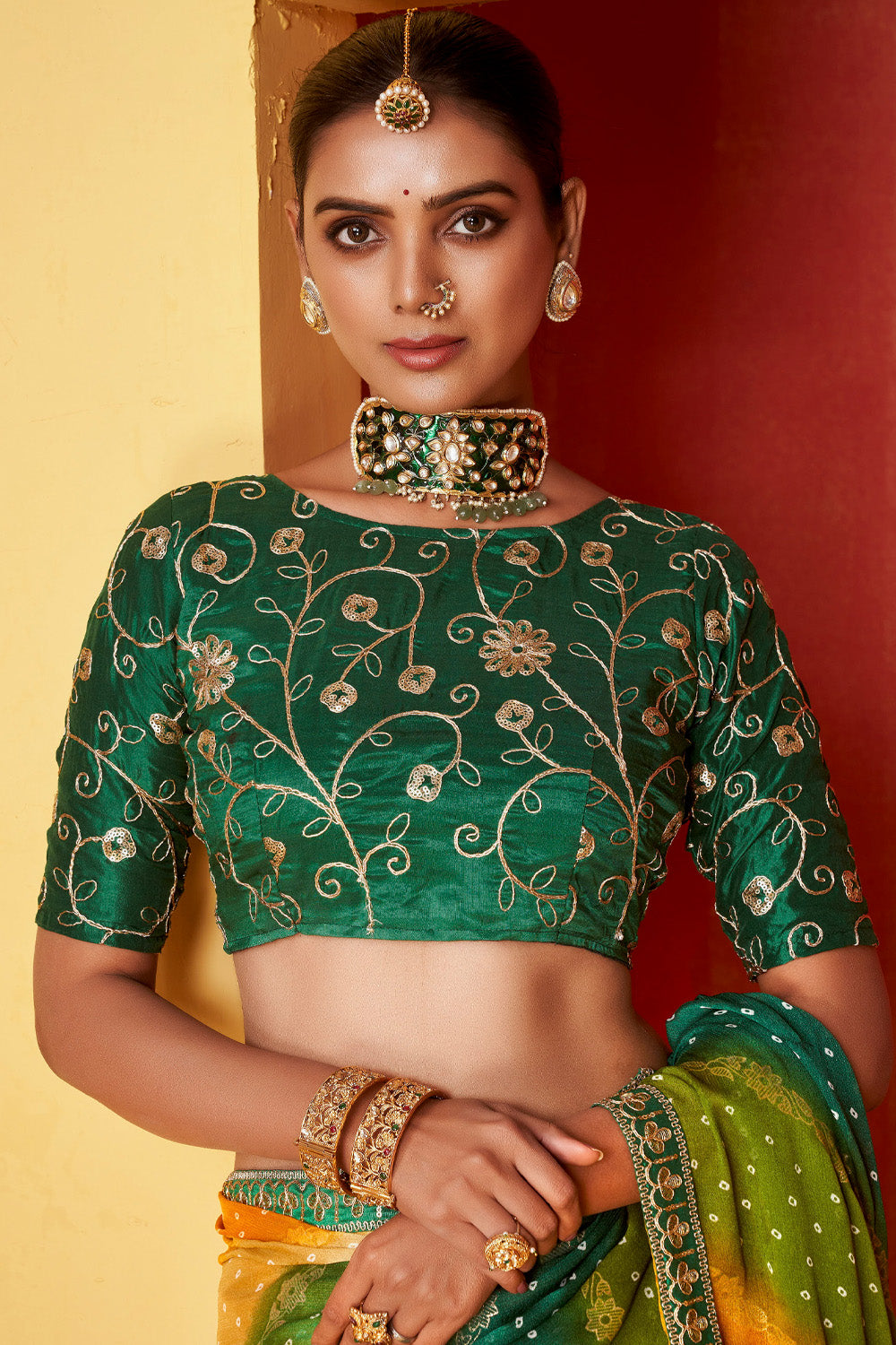 In-Sattva Classic Women's Handloom Tribal Moss Chiffon Saree; Bottle Green