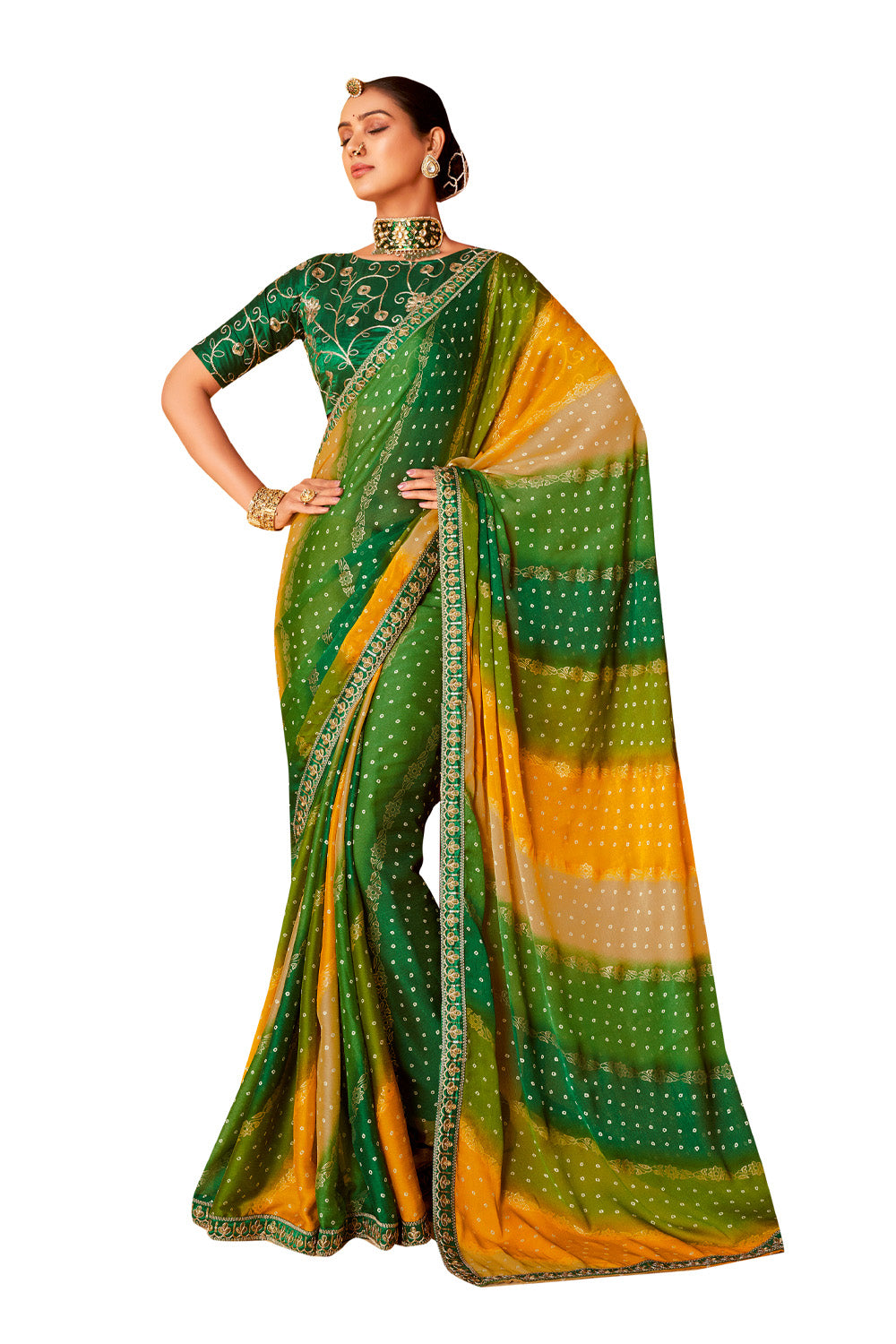 In-Sattva Classic Women's Handloom Tribal Moss Chiffon Saree; Bottle Green