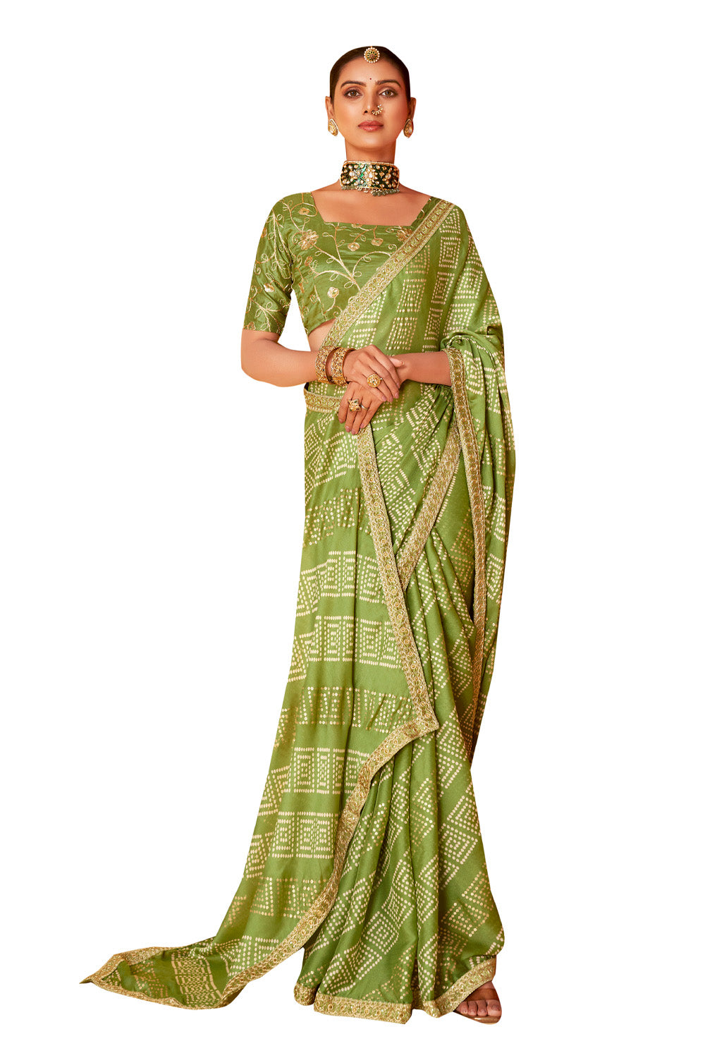 In-Sattva Classic Women's Handloom Tribal Moss Chiffon Saree; Light Green