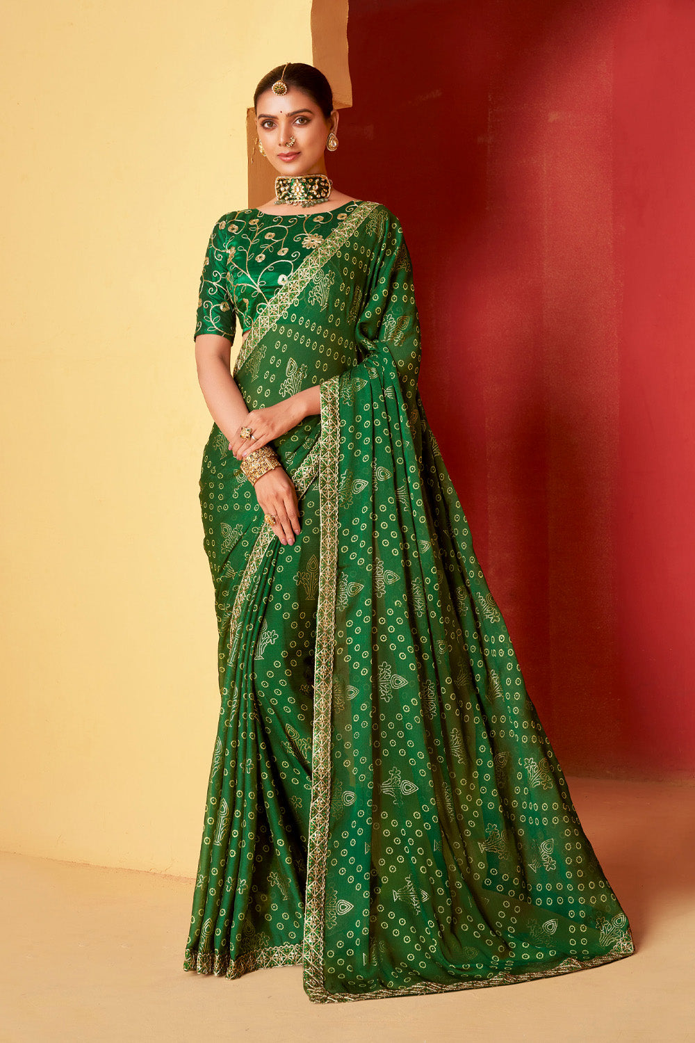 In-Sattva Classic Women's Handloom Tribal Moss Chiffon Saree; Imperial Green