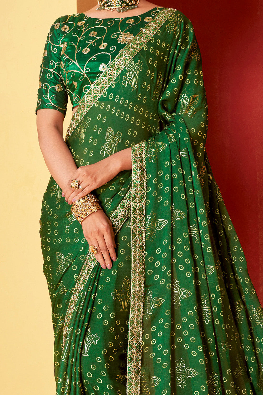 In-Sattva Classic Women's Handloom Tribal Moss Chiffon Saree; Imperial Green